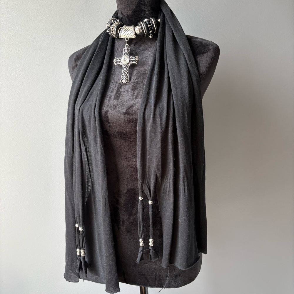 Chic Black Scarf with Silver Beads